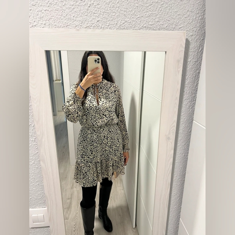 Mango Black and White Floral Long Sleeve Dress
